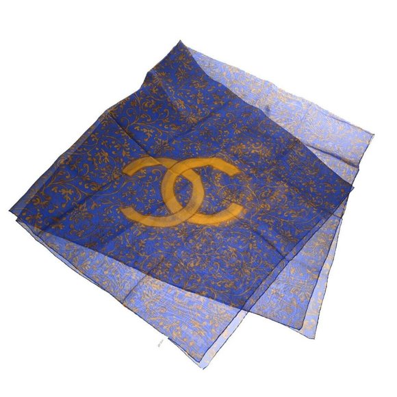 CHANEL CC Logo XL JUMBO Scarf Handkerchief 100% Silk Blue Accessory 61RJ342 - Picture 1 of 15